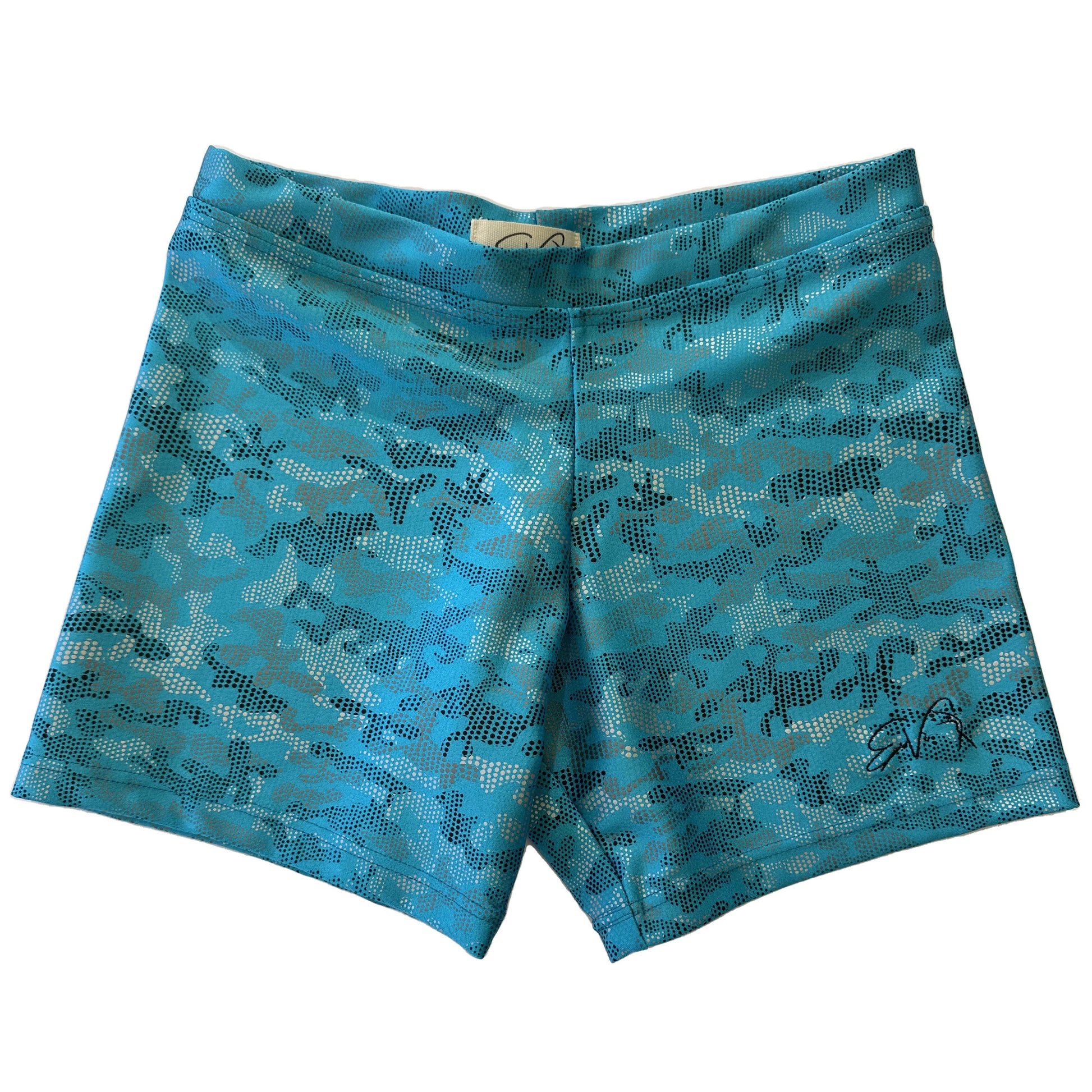 Culotte de lycra con estampado camuflaje azul turquesa para danza heels Evvi vista frontal