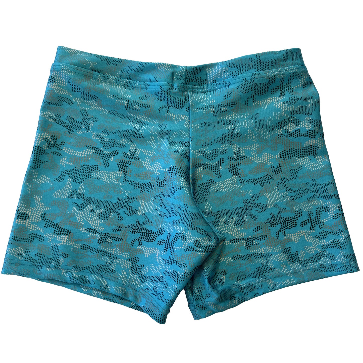 Culotte de lycra con estampado camuflaje azul turquesa para danza heels Evvi vista trasera