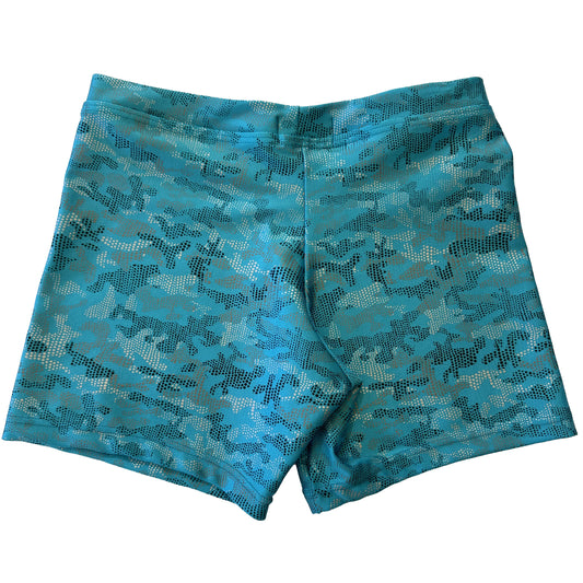 Culotte de lycra con estampado camuflaje azul turquesa para danza heels Evvi vista trasera