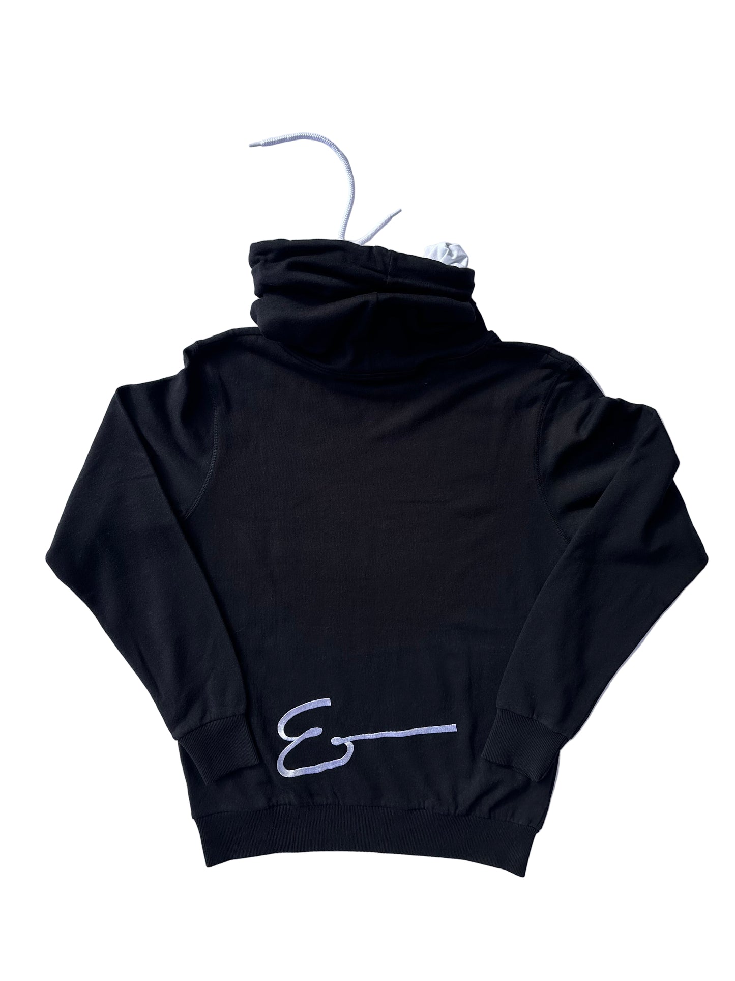 Hoodie negra cuello chimenea interior blancovista trasera