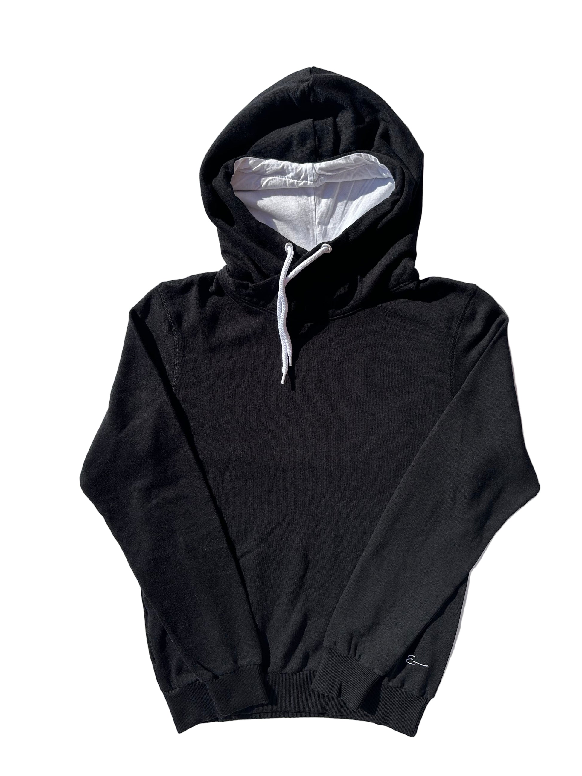 Hoodie negra unisex con capucha con interior blanco vista frontal
