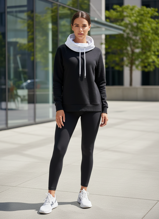 Hoodie negra unisex con cuello chimenea blanco para danza