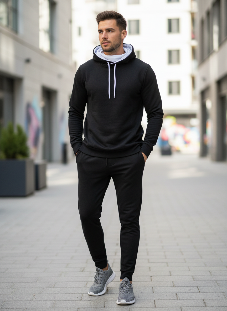 Hoodie negra unisex con cuello chimenea blanco para danza Evvi