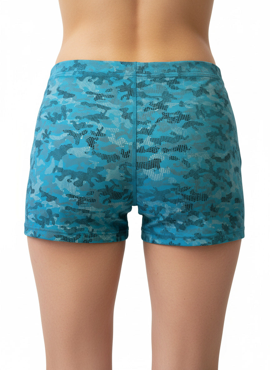 Culotte de lycra con estampado camuflaje azul turquesa para danza heels Evvi vista trasera