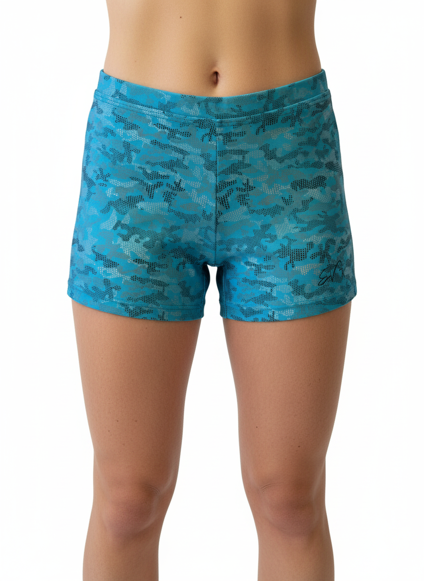 Culotte de lycra con estampado camuflaje azul turquesa para heels Evvi vista frontal