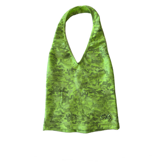 Tank top de lycra con estampado camuflaje verde pistacho para heels vista frontal